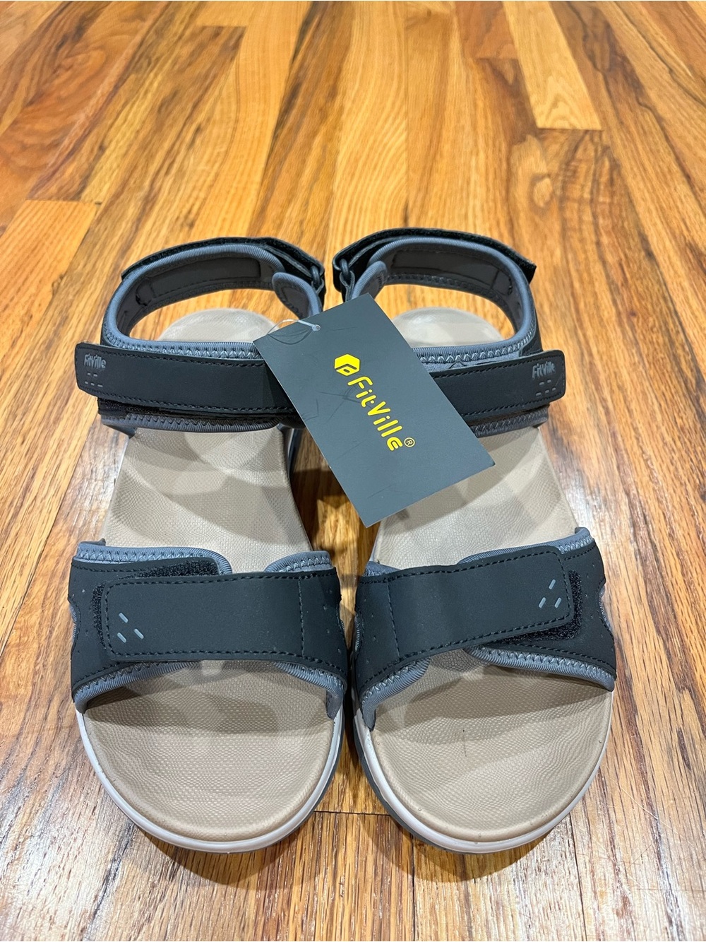 New FitVille Women Wide Orthopedic Sandals Black Grey Size W9 Arch Support Strap